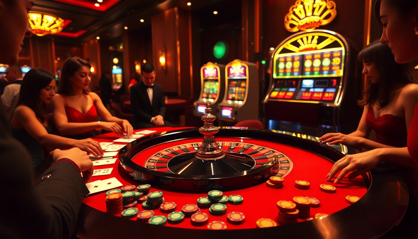 Experience the thrill of max88 at a vibrant casino table with roulette and excited players.