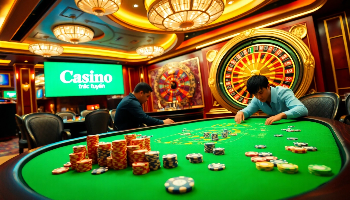 Casino trực tuyến game table with poker chips and a roulette wheel in vibrant atmosphere.