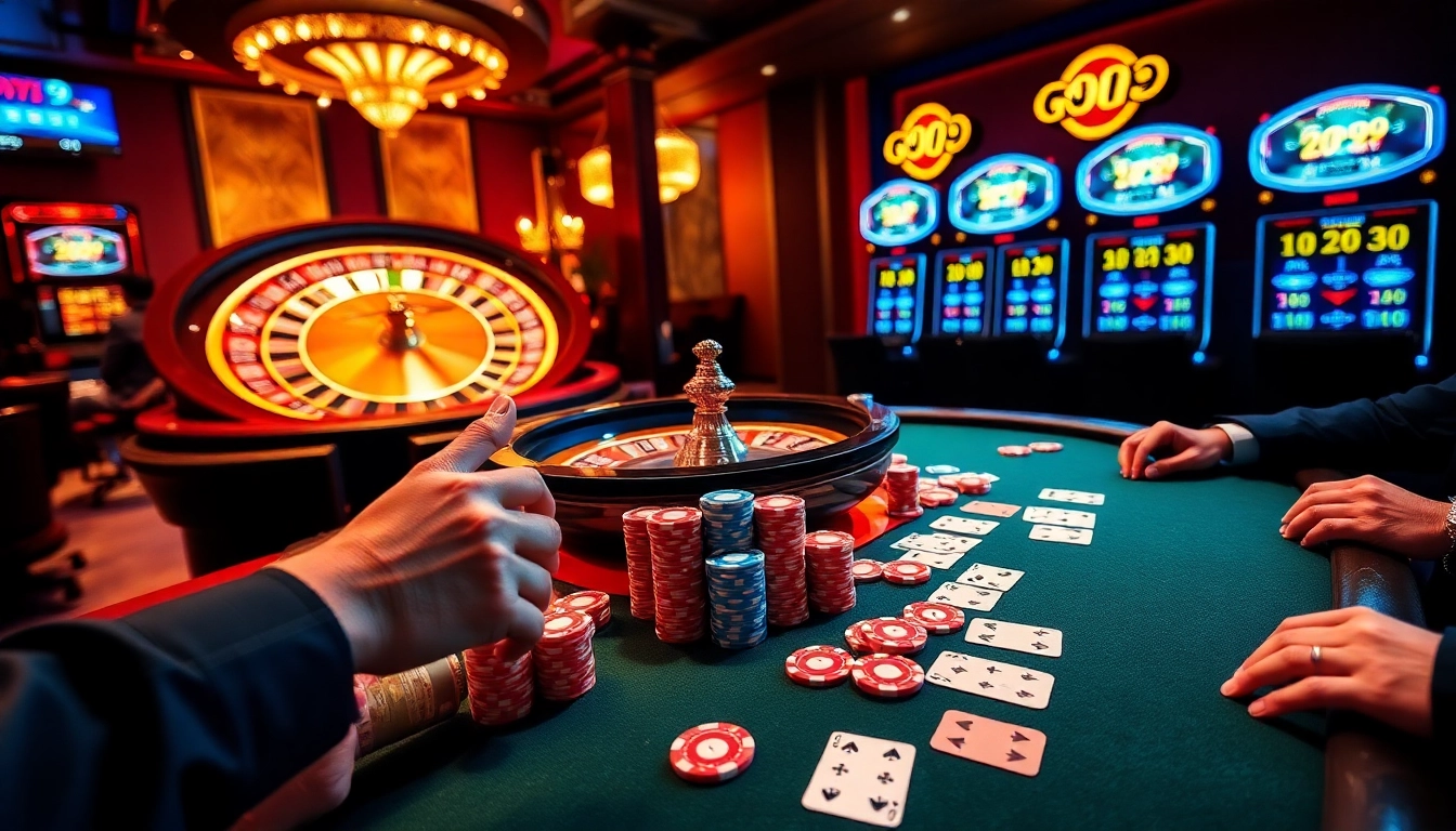 Engaging poker gameplay at GO99 Casino, showcasing players and vibrant chips amidst luxury.
