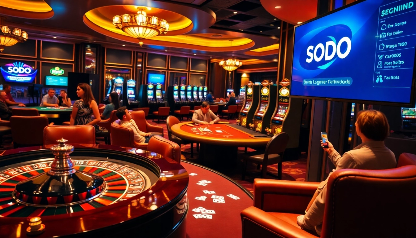 SODO Casino table gameplay with poker chips and vibrant roulette wheel lighting.