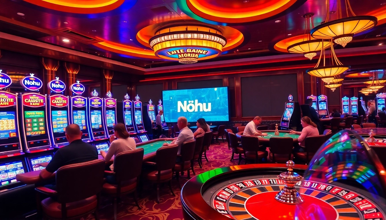 Nohu gaming experience featuring vibrant slot machines, poker tables, and roulette in a luxurious casino.