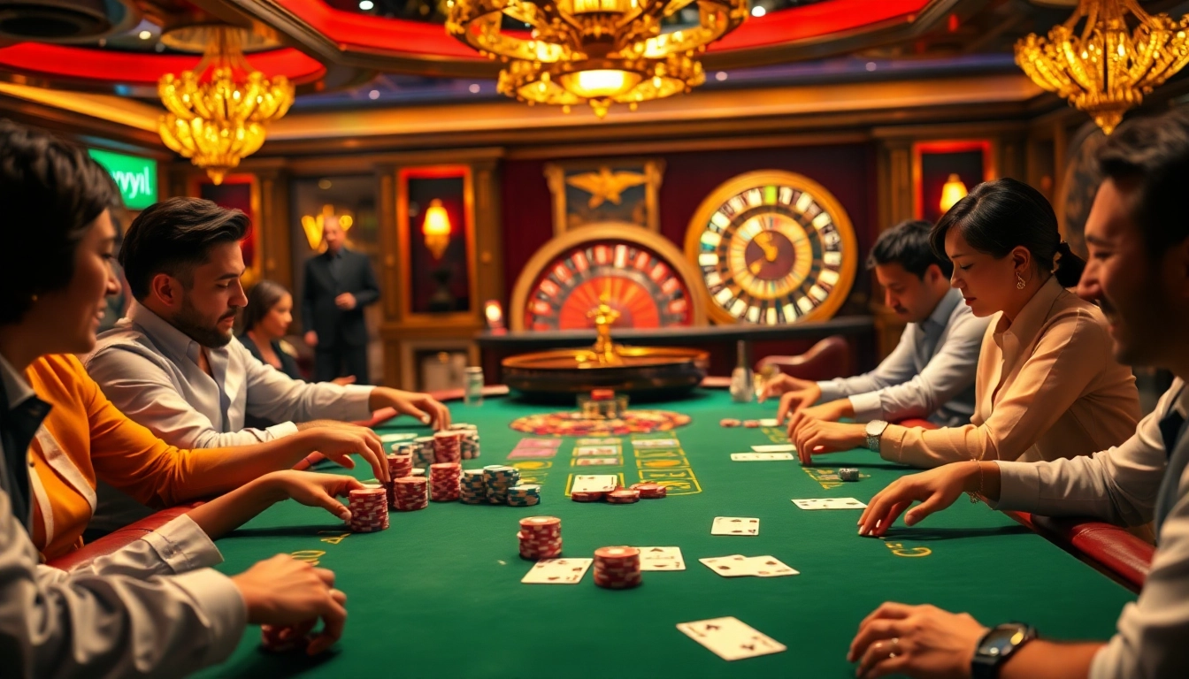 A dynamic poker scene embodying luxury and excitement at vvjl, featuring engaged players and vibrant casino chips.