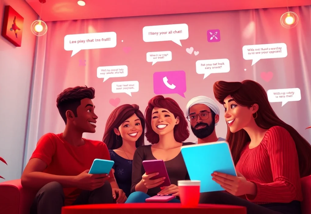 Dynamic and inviting atmosphere for spicy chat with animated characters and warm tones.