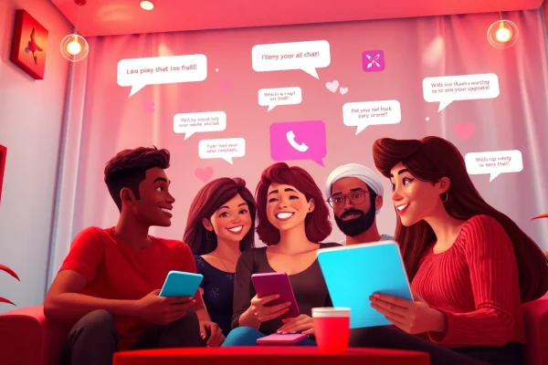 Dynamic and inviting atmosphere for spicy chat with animated characters and warm tones.