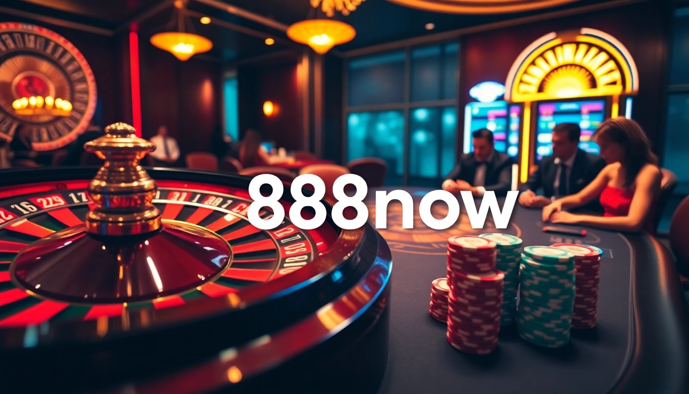 Experience the thrill of 888now gaming with poker chips on a casino table.
