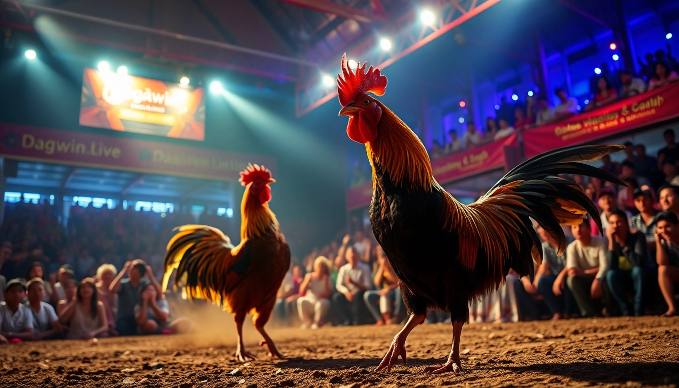 DAGAWIN.LIVE: Engaging live cockfighting scene with spectators, showcasing excitement and vibrant colors.