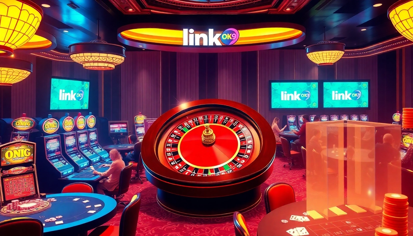 Link OK9 captivates players in a luxurious casino atmosphere with poker games and vibrant slot machines.