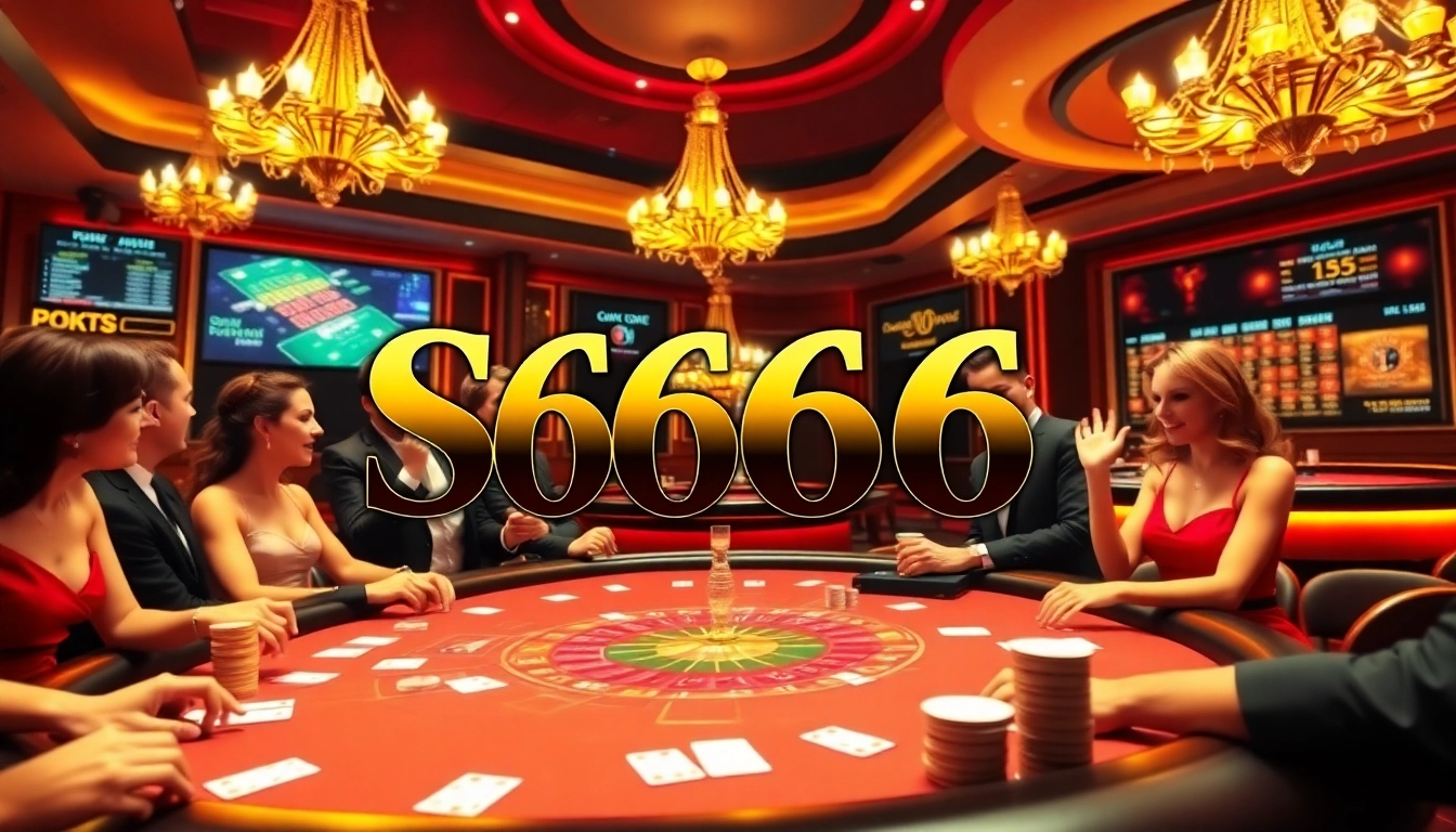 S666 casino players engaging at a poker table with vibrant chips and cards.