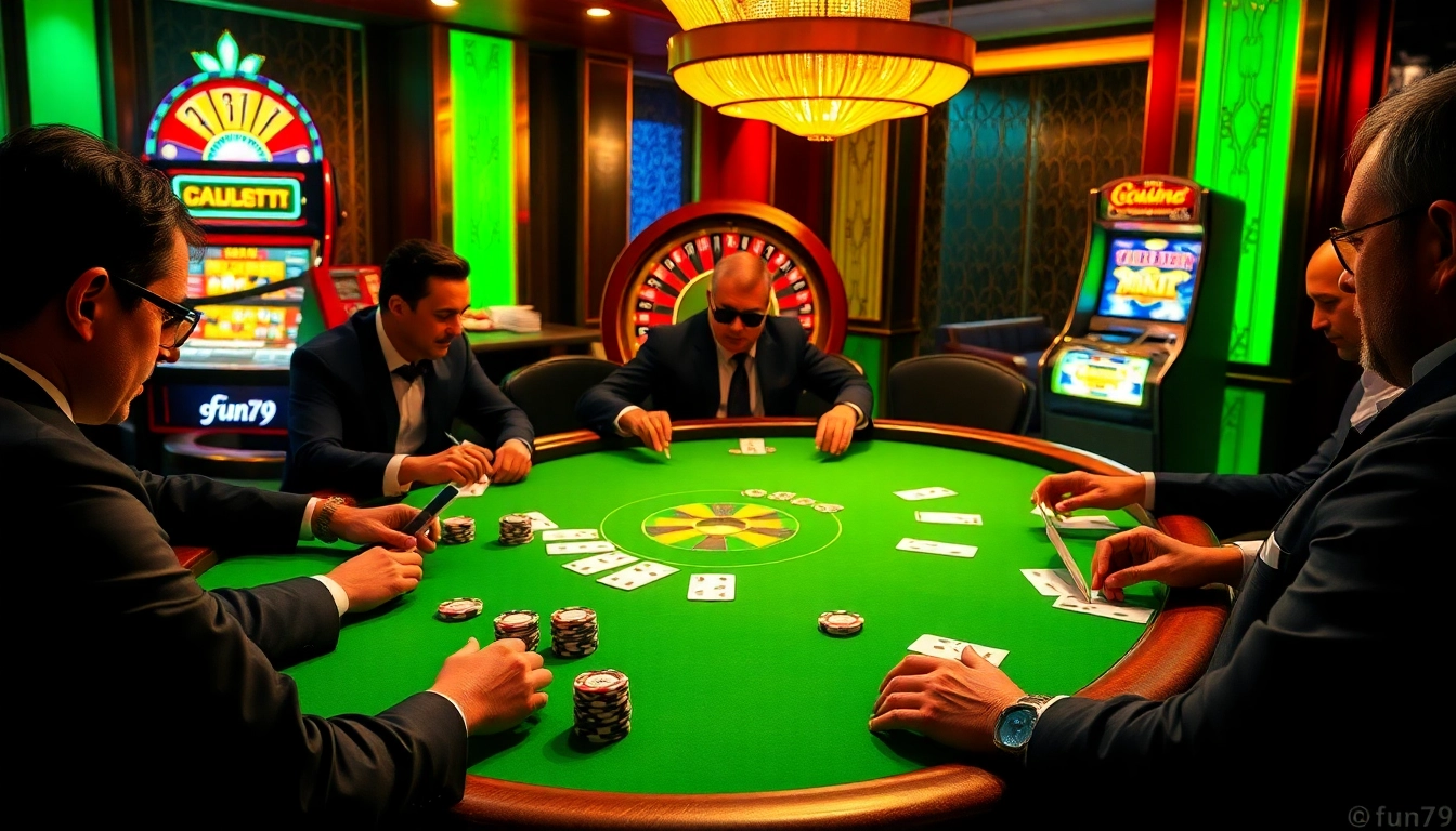 Experience a thrilling poker game at fun79's elegant casino table, featuring vibrant chips and cards.