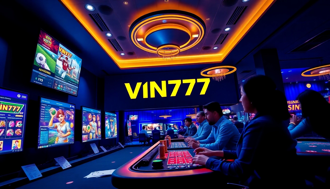 VIN777 online gambling experience with players engaging in various games on digital screens.