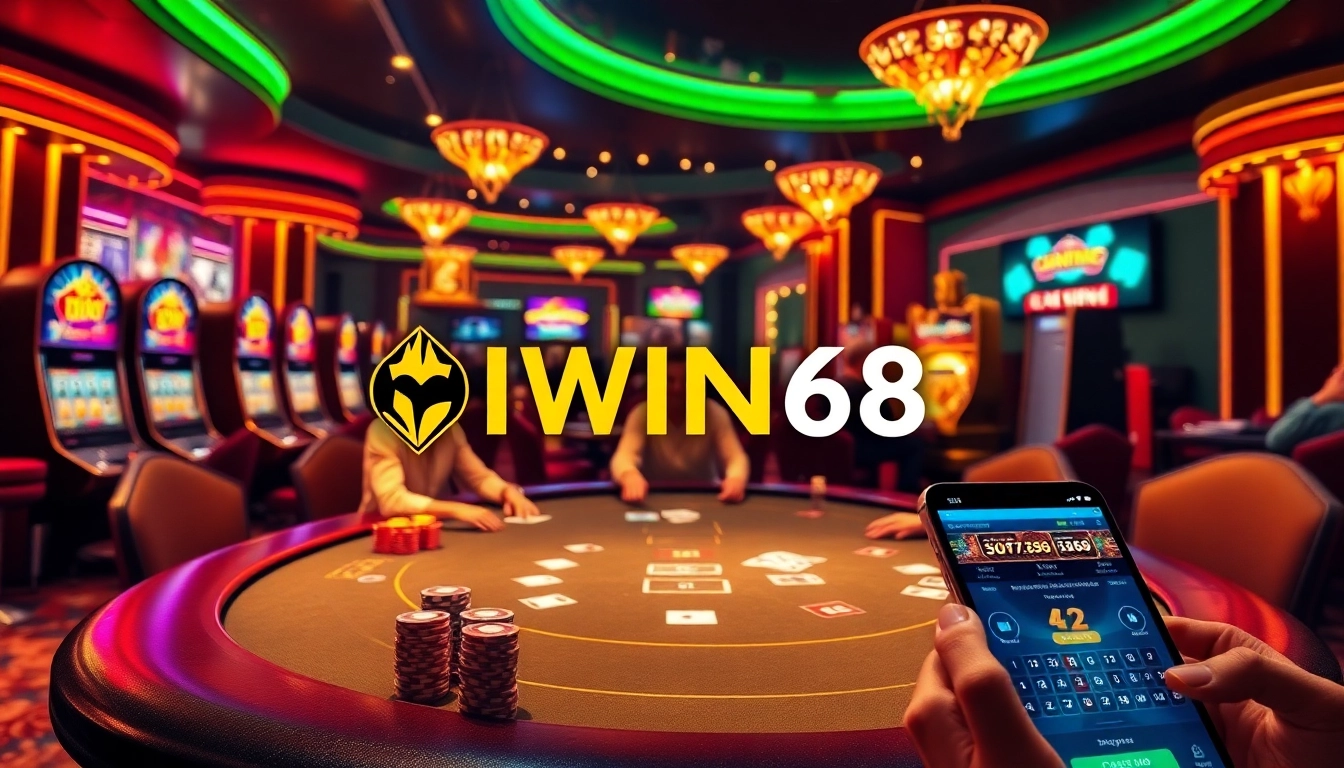 IWIN68 players enjoying a vibrant poker game at a luxurious casino table with chips and cards.