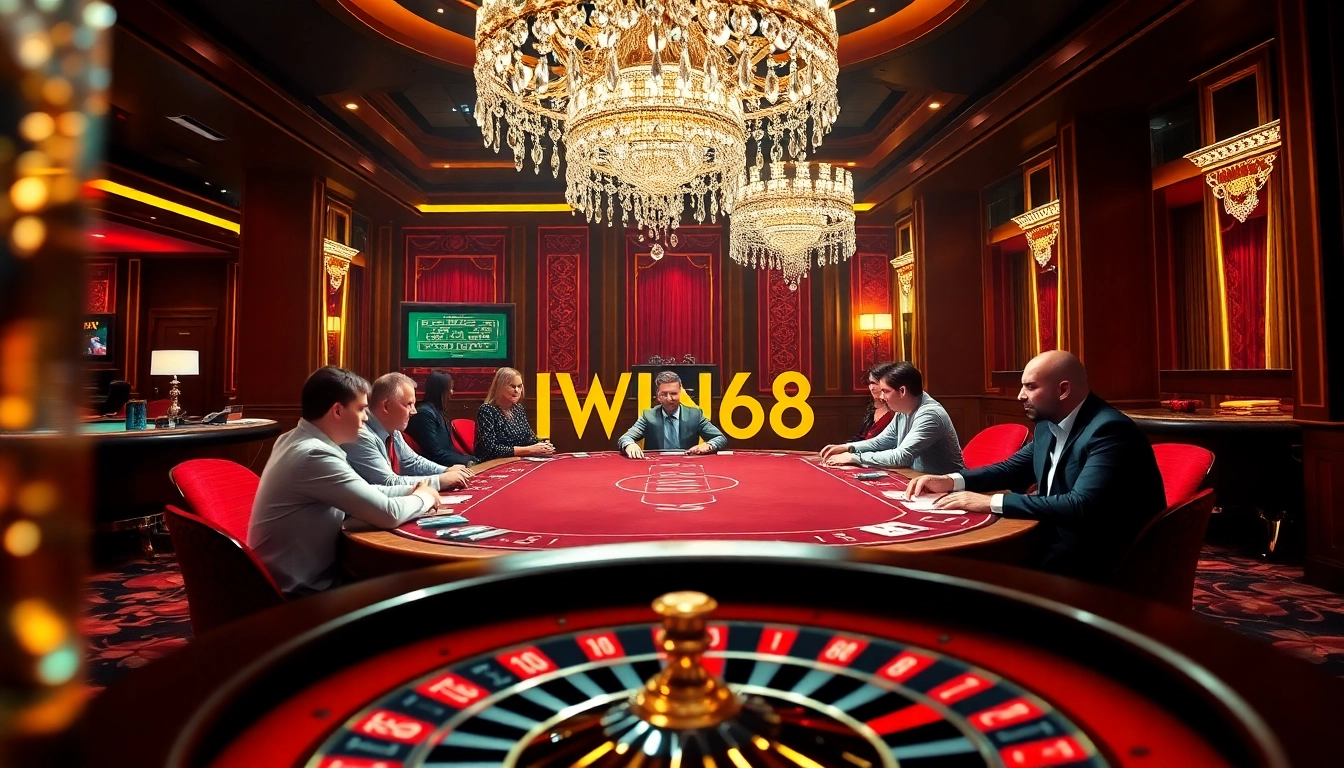 IWIN68 players engaging in an exciting poker game at a luxurious casino table.
