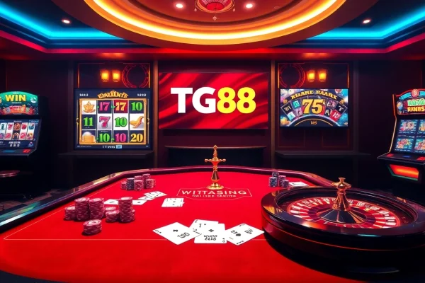 Experience the excitement of gambling with TG88's vibrant online casino scene featuring poker tables and roulette wheels.