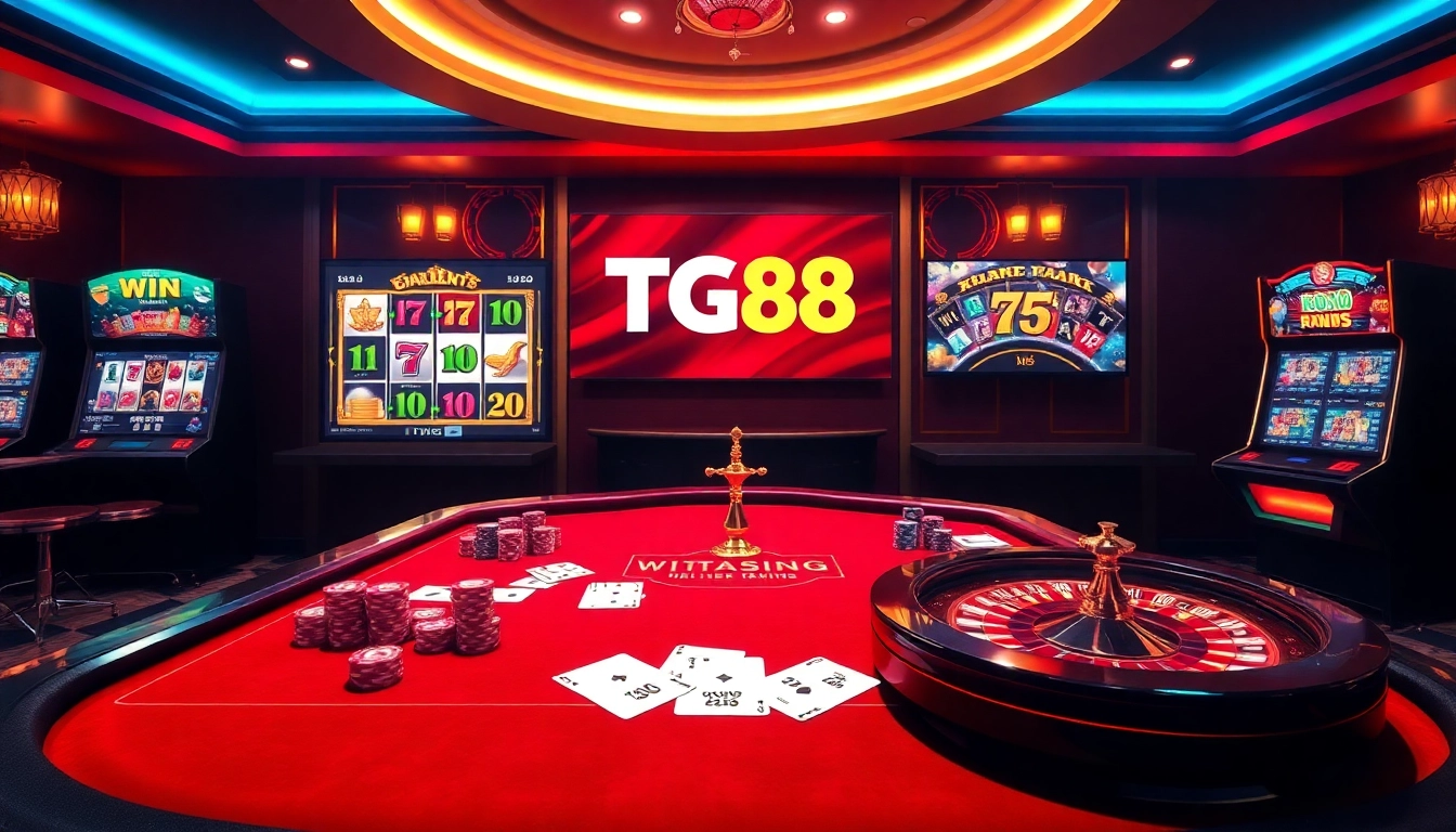 Experience the excitement of gambling with TG88's vibrant online casino scene featuring poker tables and roulette wheels.