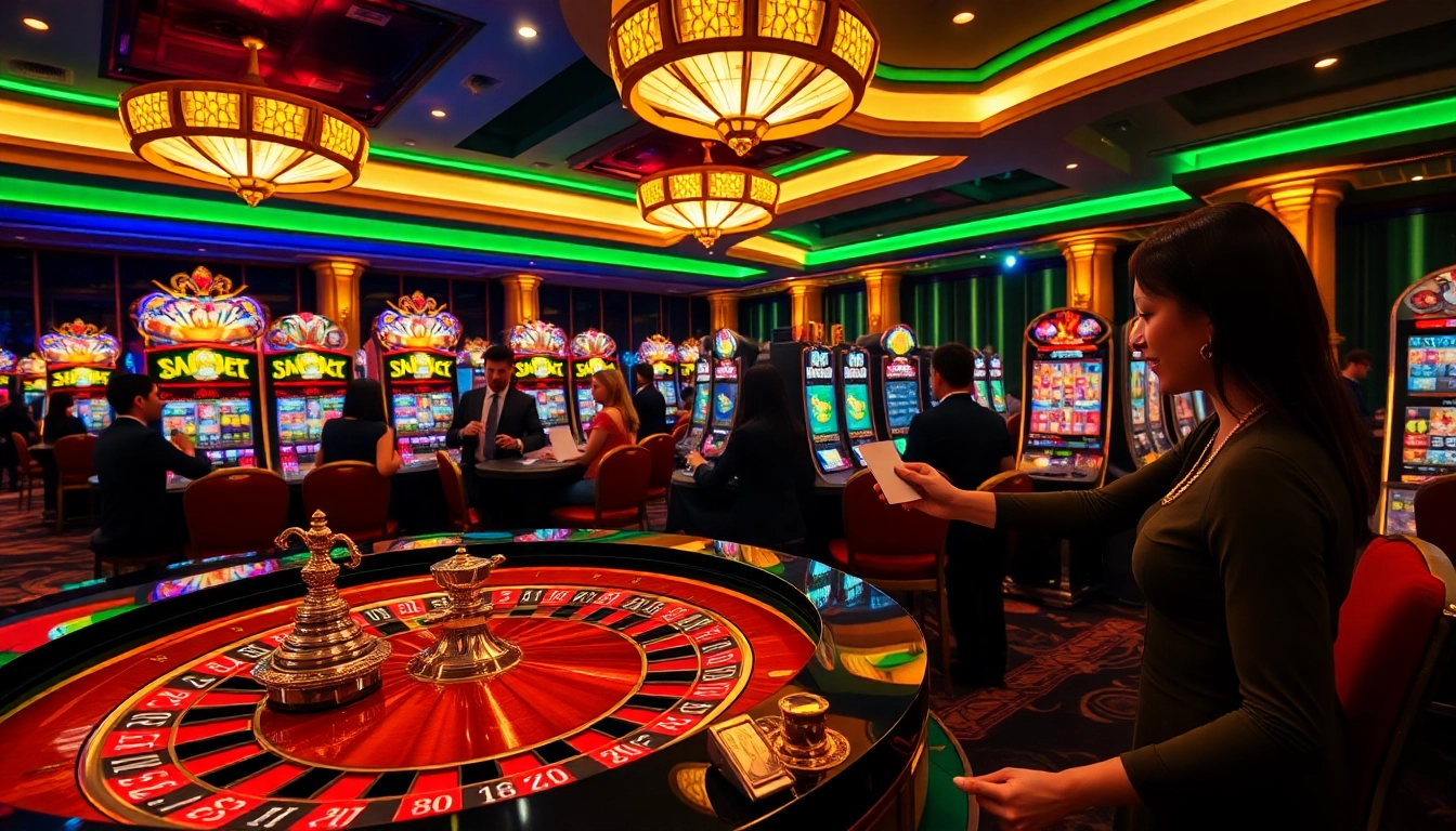 Experience nk88 bet in a luxurious casino atmosphere with vibrant slot machines and engaging roulette games.