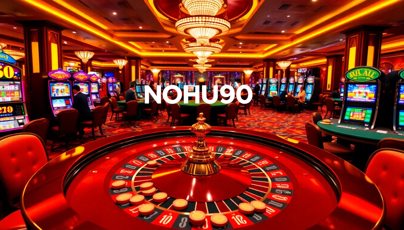 A player wins big at a luxurious NOHU90 casino, showcasing vibrant slot machines and a roulette table.