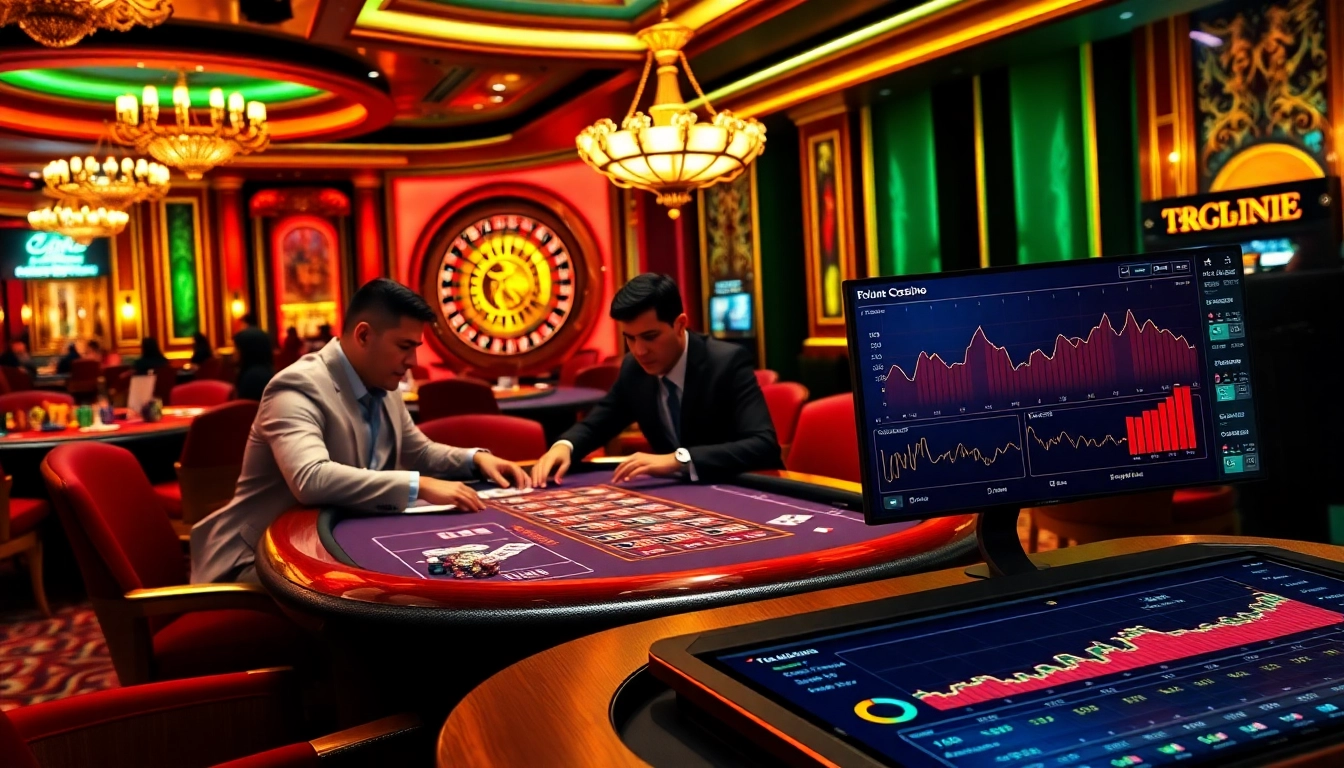 Professional gamblers engaging in a high-stakes poker game at jl55 casino with vibrant atmosphere.