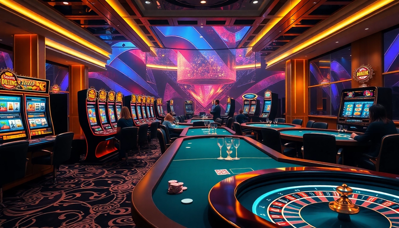 Engaging players in a vibrant casino scene featuring win678 home slots, poker tables, and roulette excitement.