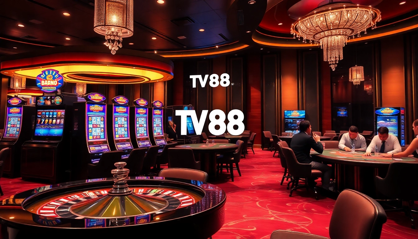 Experience high-stakes action at TV88, showcasing vibrant slot machines and roulette excitement.