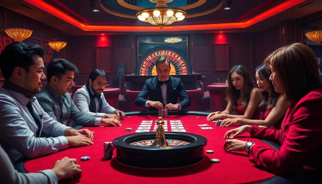 Experience the excitement of poker with FLY88 at a luxurious casino table filled with vibrant chips and cards.