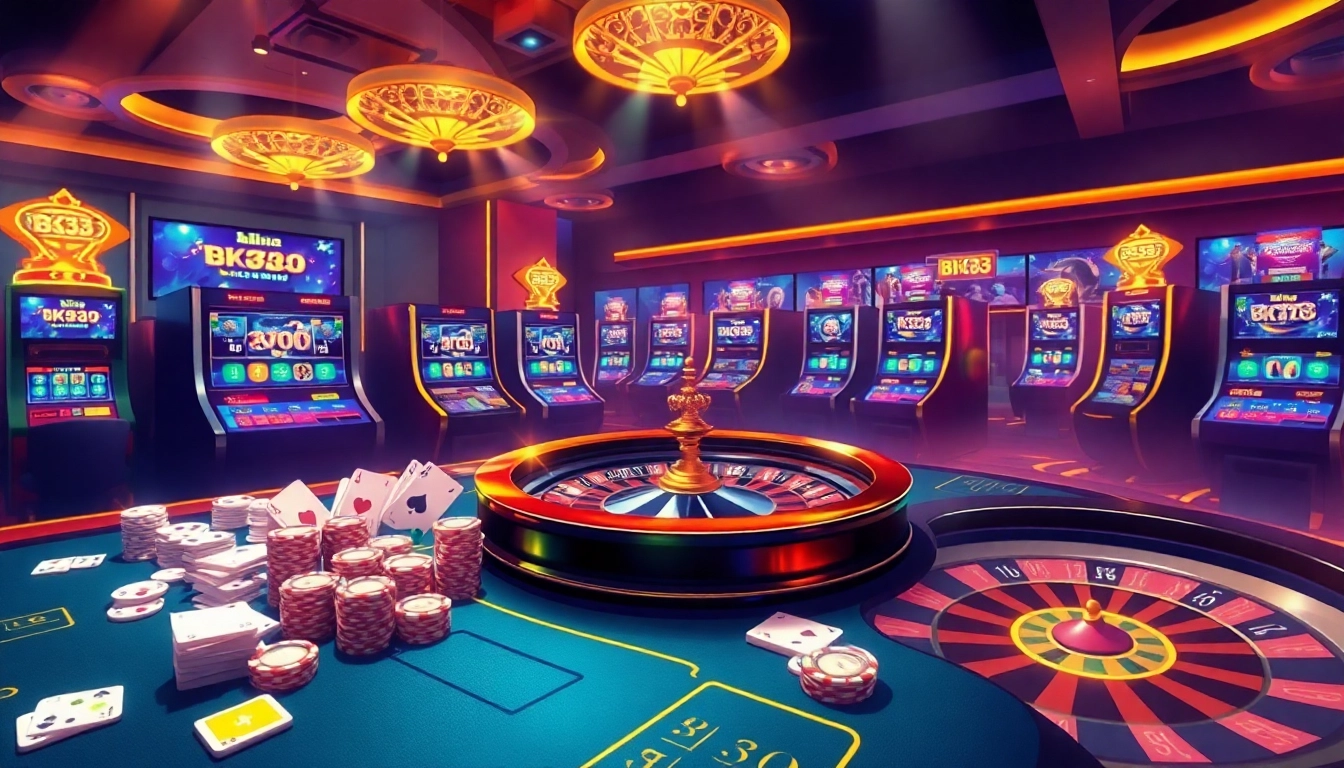 Experience the thrill of BK33 online gaming with vibrant casino visuals, showcasing dynamic cards and roulette.